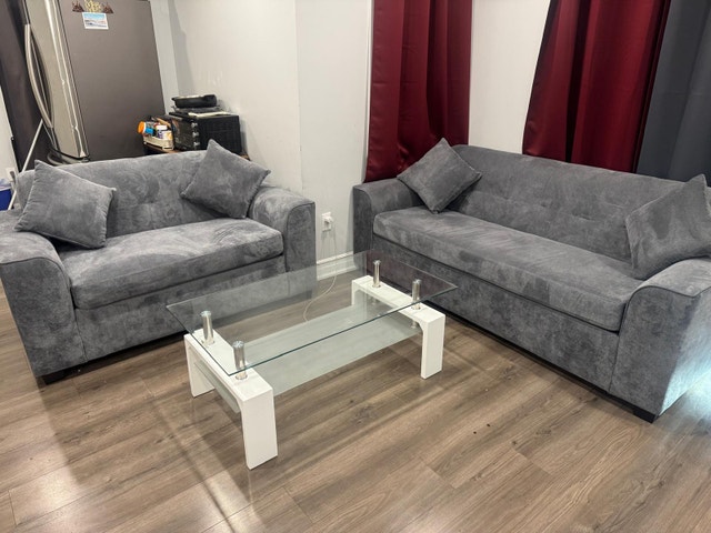 Sofa Set + Glass Coffee Table - Like New