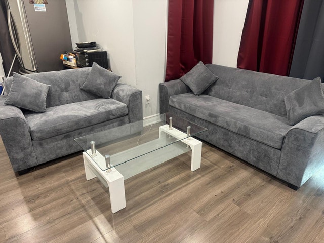Sofa Set + Glass Coffee Table - Like New - photo 2