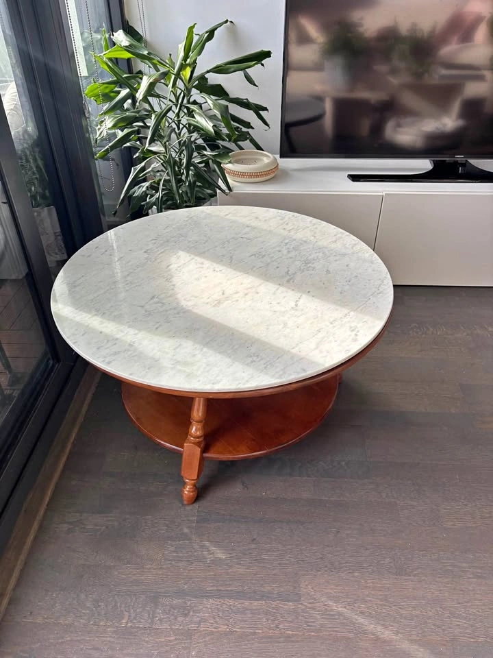 Vintage Wood Table with Carrara Marble Lazy Susan