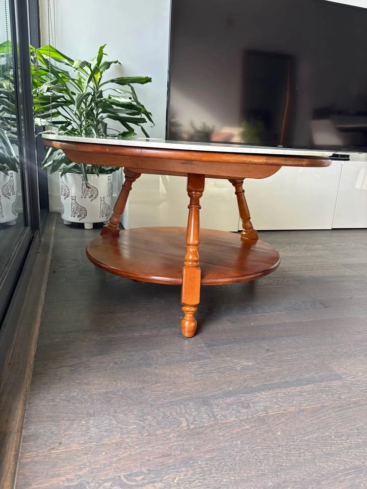Vintage Wood Table with Carrara Marble Lazy Susan - photo 2