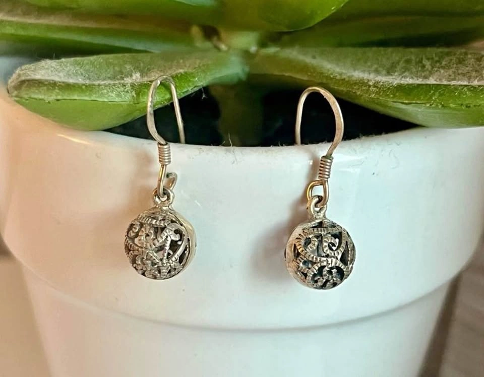 925 Sterling Silver Filigree Ball Drop Earrings