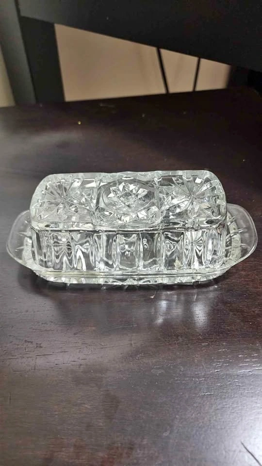 Vintage Starburst Pattern Crystal Butter Dish with Lid
