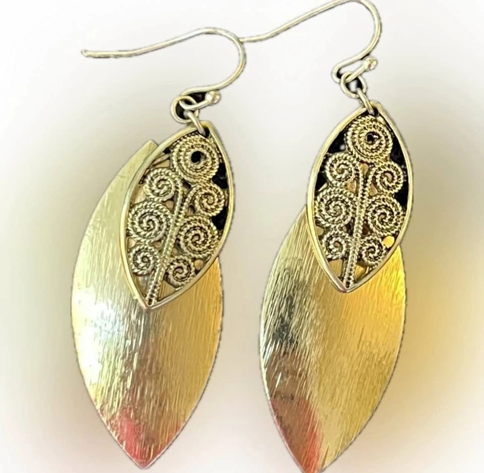 Gold Tone Leaf Boho Drop Earrings