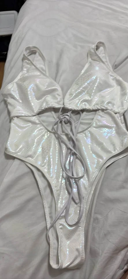 White Iridescent Snakeskin One-Piece Swimsuit M