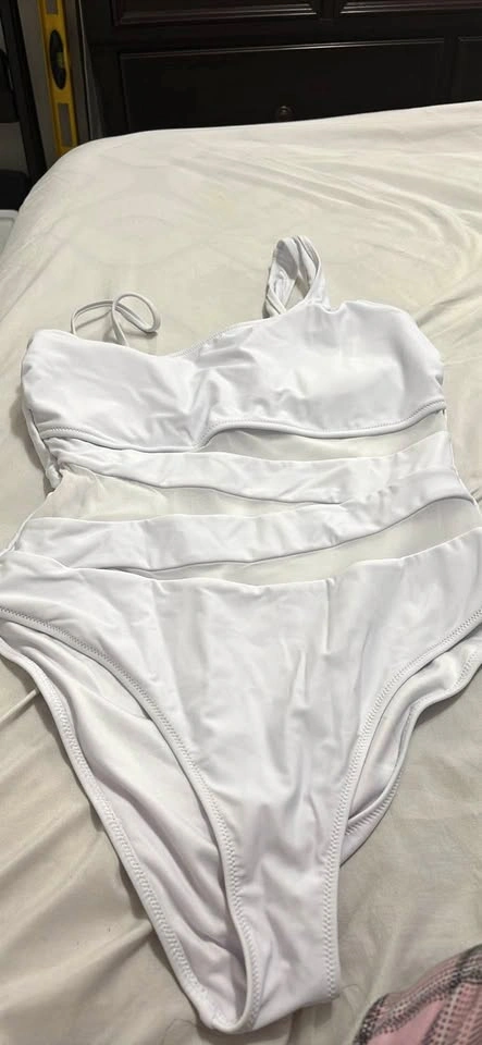 White One-Shoulder Mesh Cutout Swimsuit L