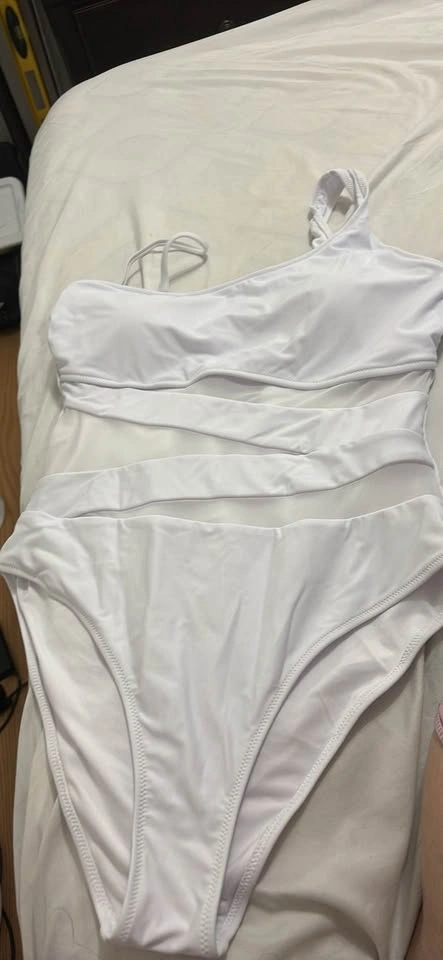 White One-Shoulder Mesh Cutout Swimsuit L - photo 2