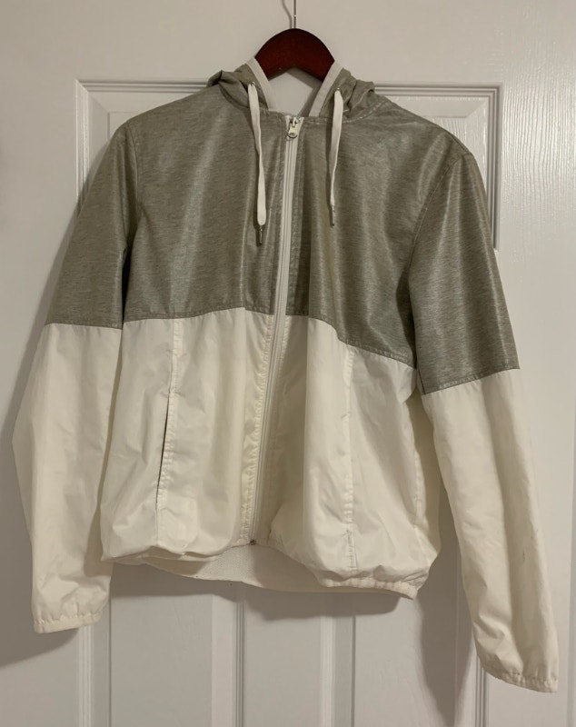 Lightweight windbreaker in white and light grey. Size S. $15