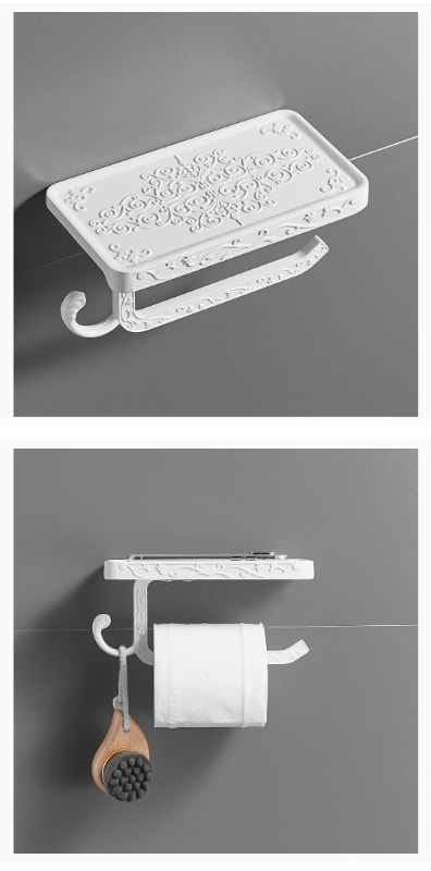 Toilet paper holder with phone shelf. White, rustproof. $15.
