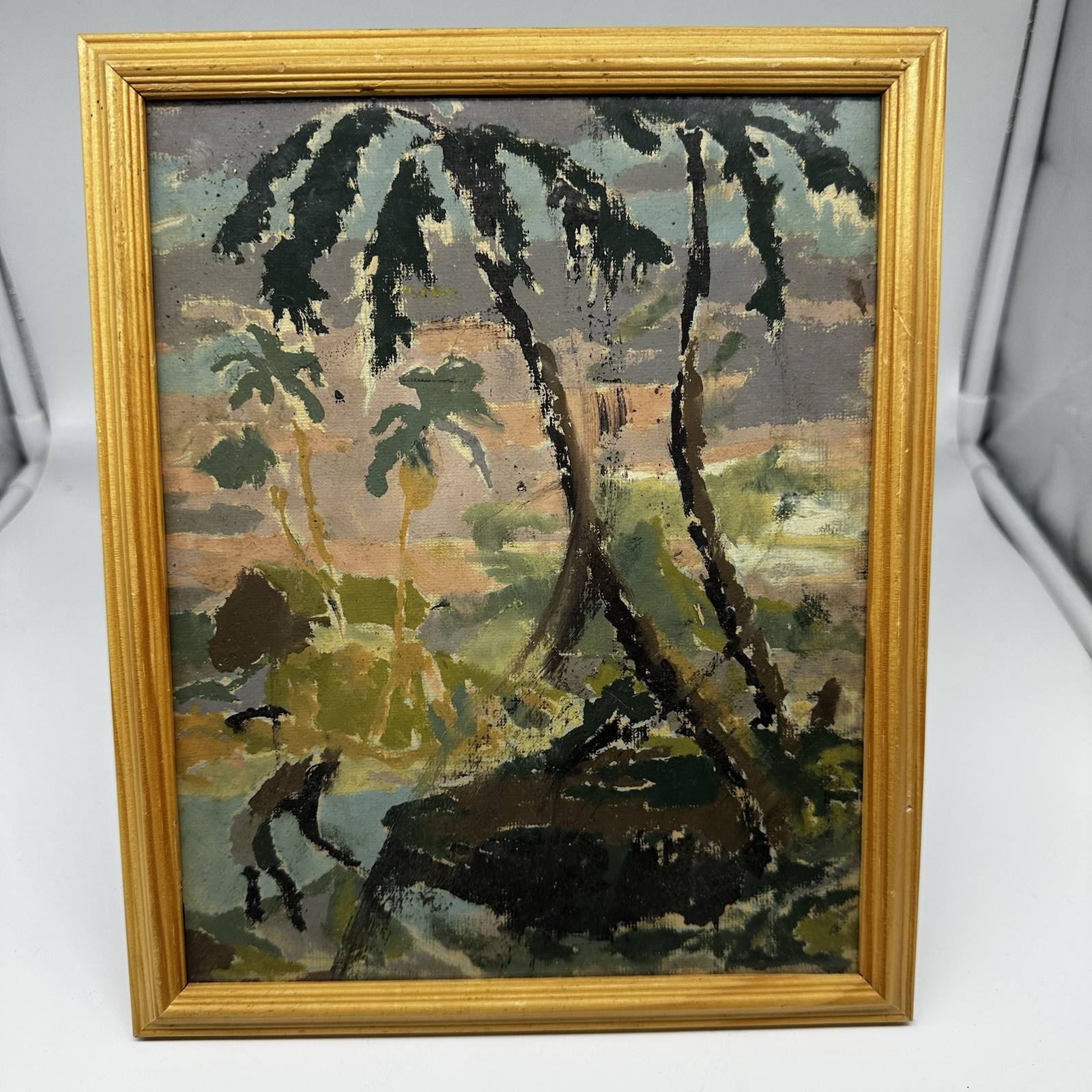 Vintage Tropical Landscape Painting Palm Trees Bird Framed Mid C