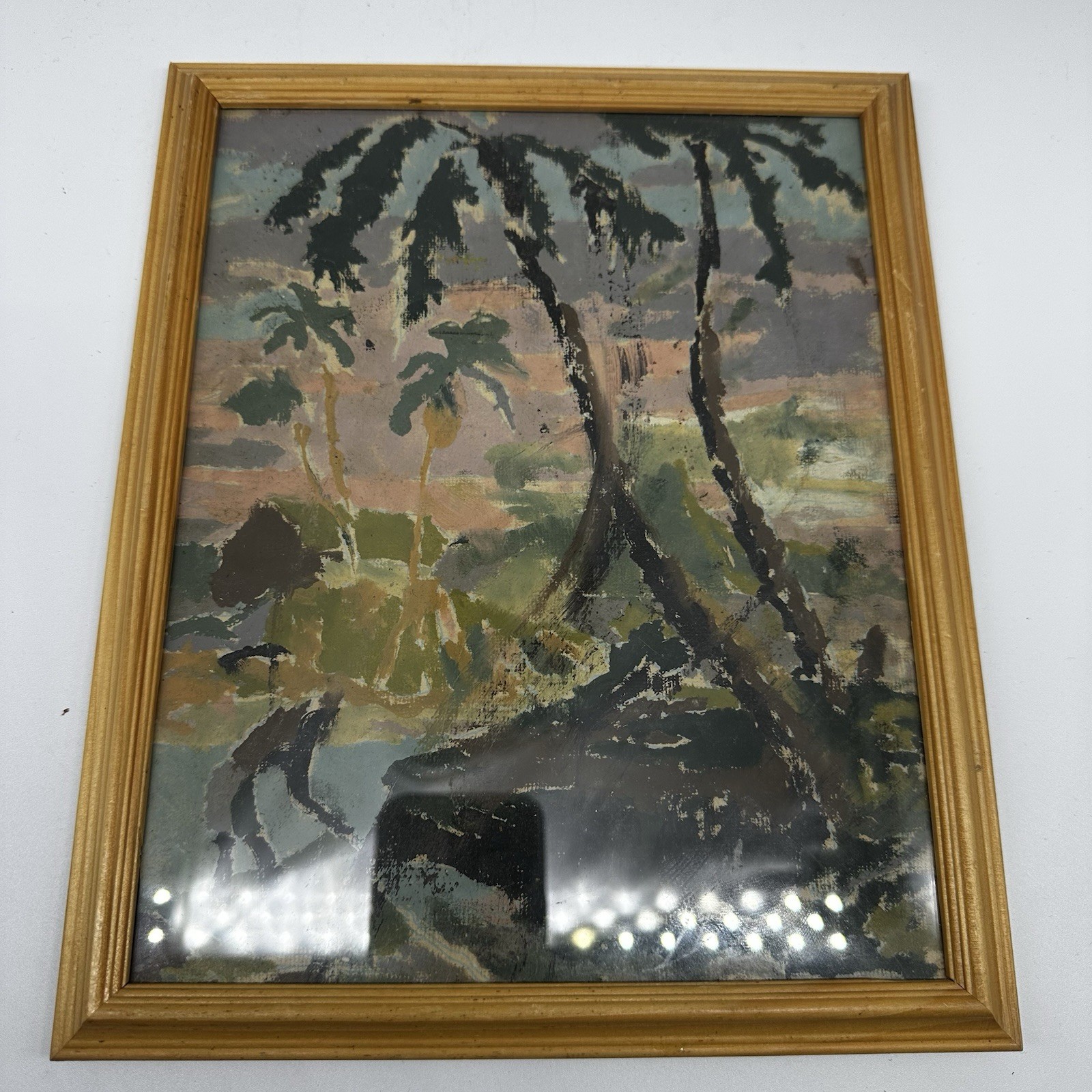 Vintage Tropical Landscape Painting Palm Trees Bird Framed Mid C - photo 2