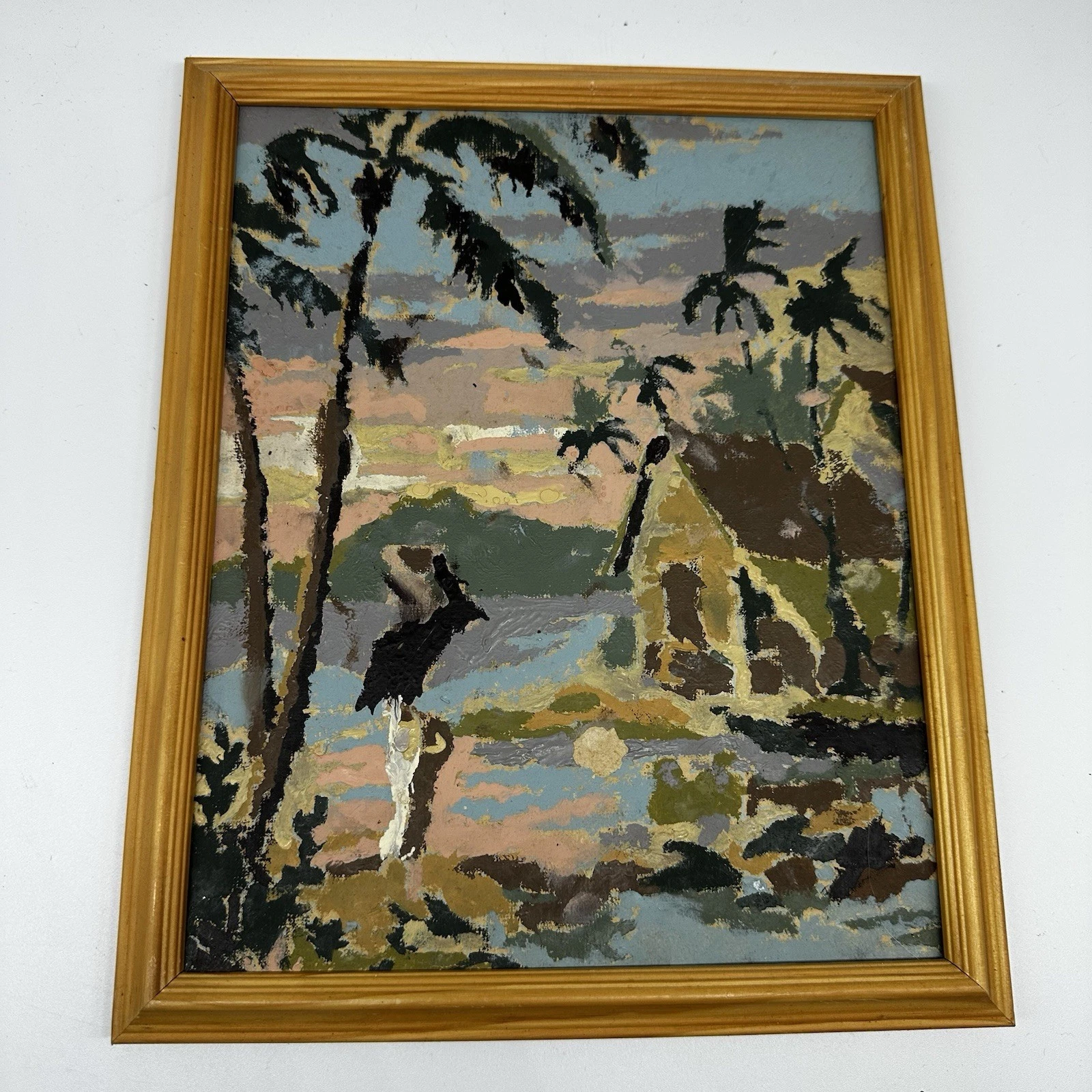 Vintage Tropical Landscape Painting - Palm Trees, Hut, Island Sc