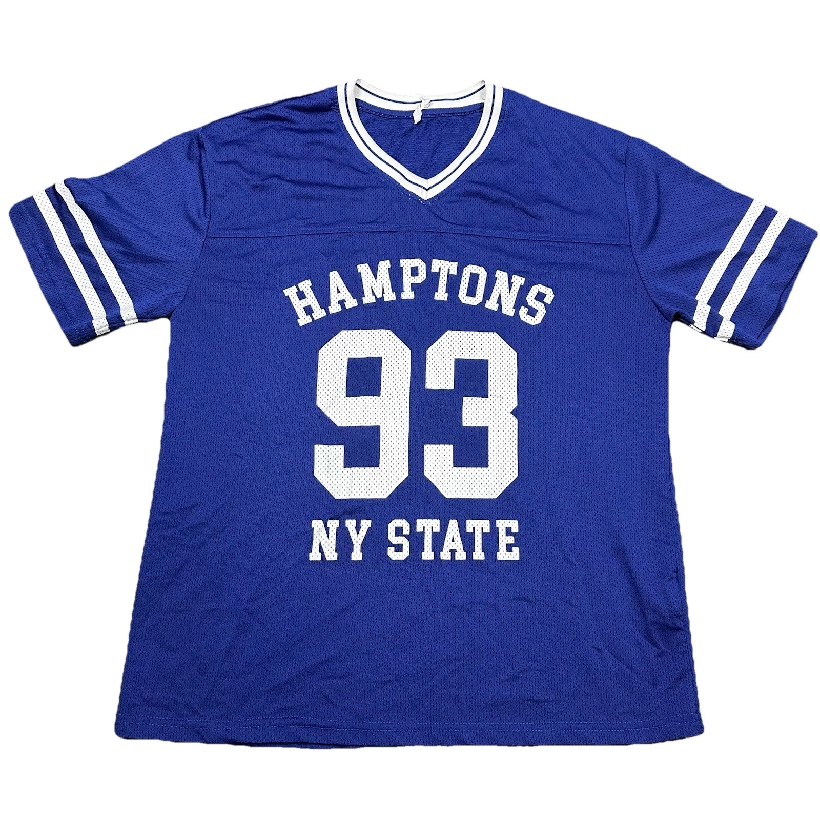 Ardene Hamptons 93 NY State Mesh Jersey Shirt Blue White V-Neck
