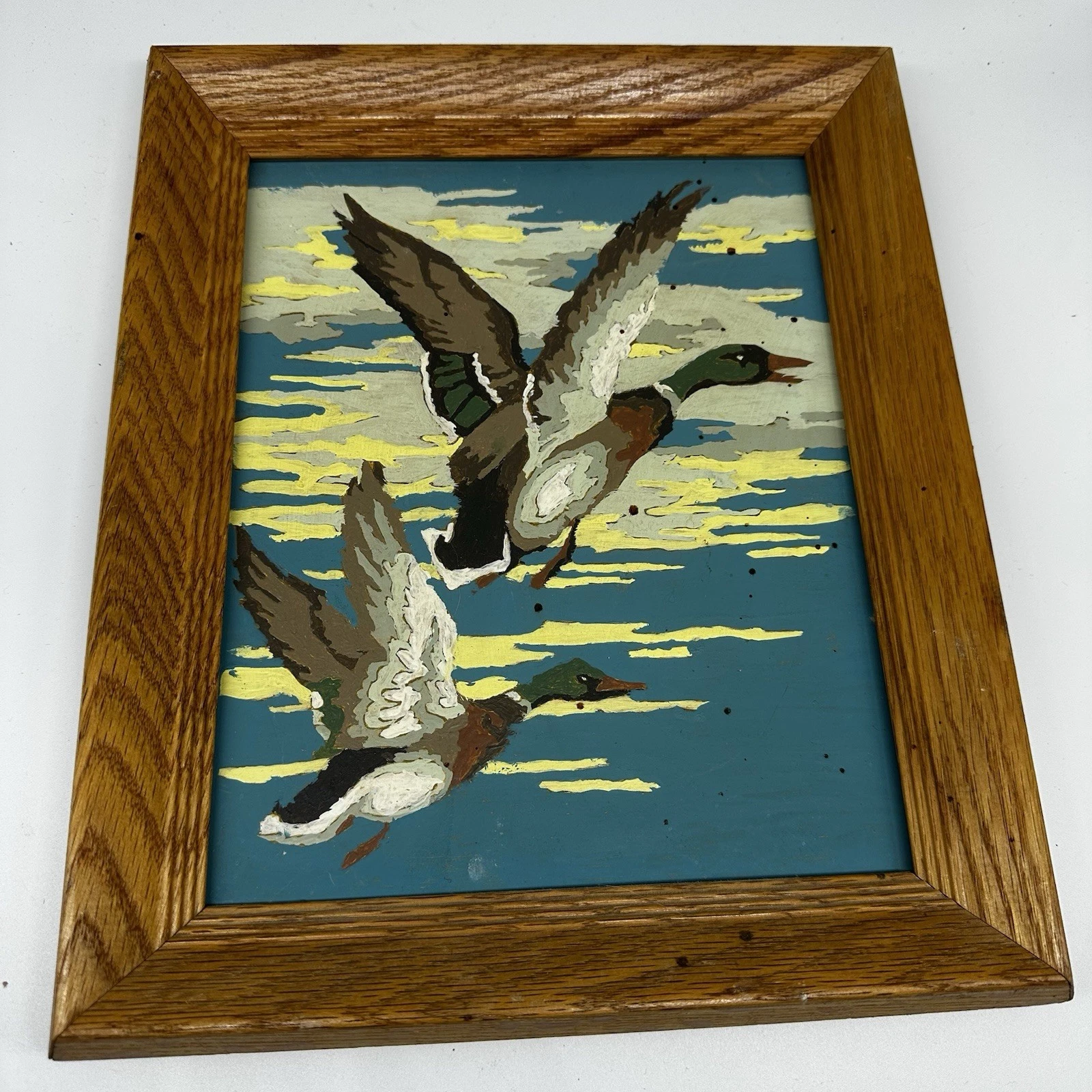 Vintage Hand Painted Mallard Ducks Flying Folk Art Framed