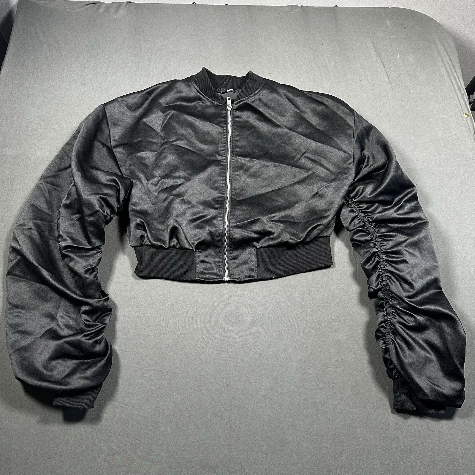 Fashion Nova Black Satin Cropped Ruched Sleeve Bomber Jacket XS