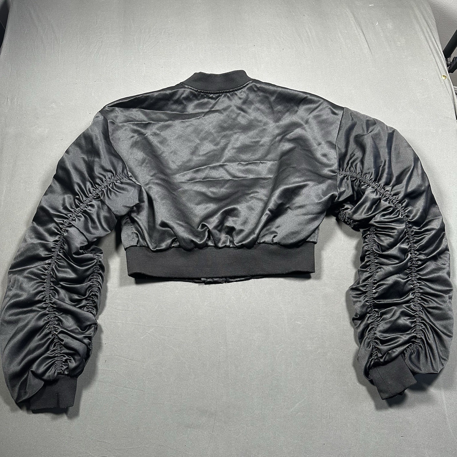 Fashion Nova Black Satin Cropped Ruched Sleeve Bomber Jacket XS - photo 2