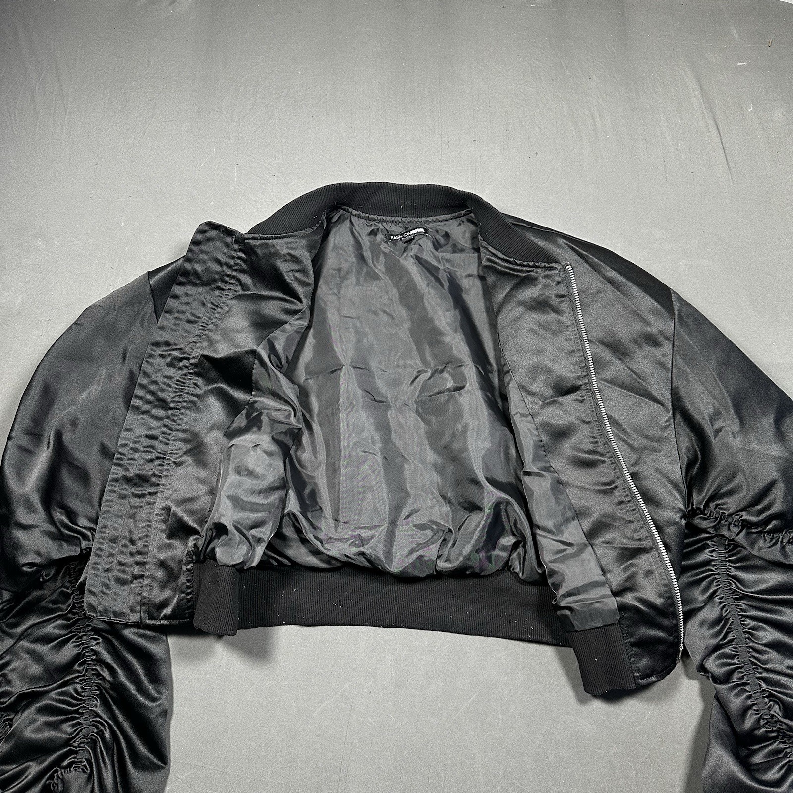 Fashion Nova Black Satin Cropped Ruched Sleeve Bomber Jacket XS - photo 3