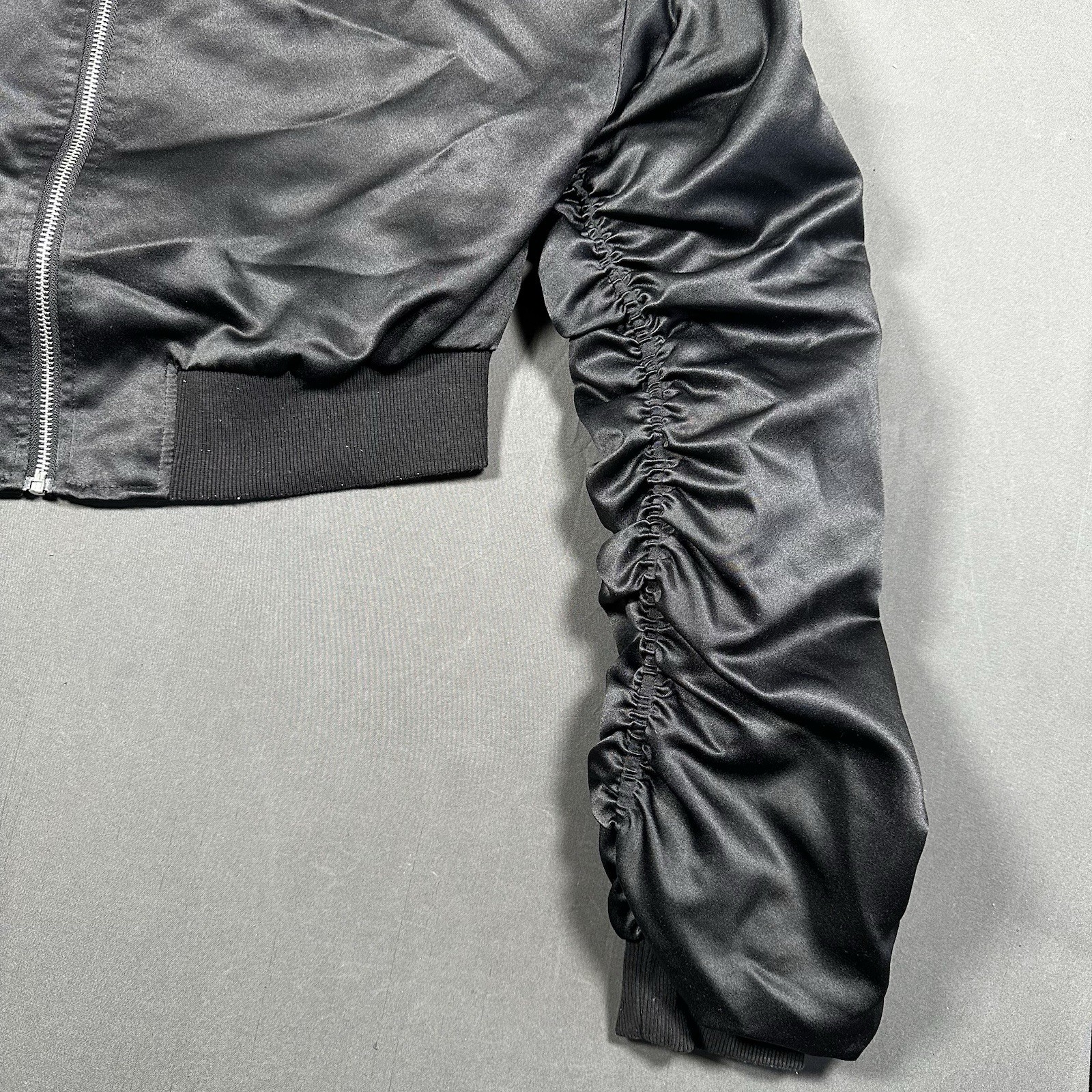 Fashion Nova Black Satin Cropped Ruched Sleeve Bomber Jacket XS - photo 5
