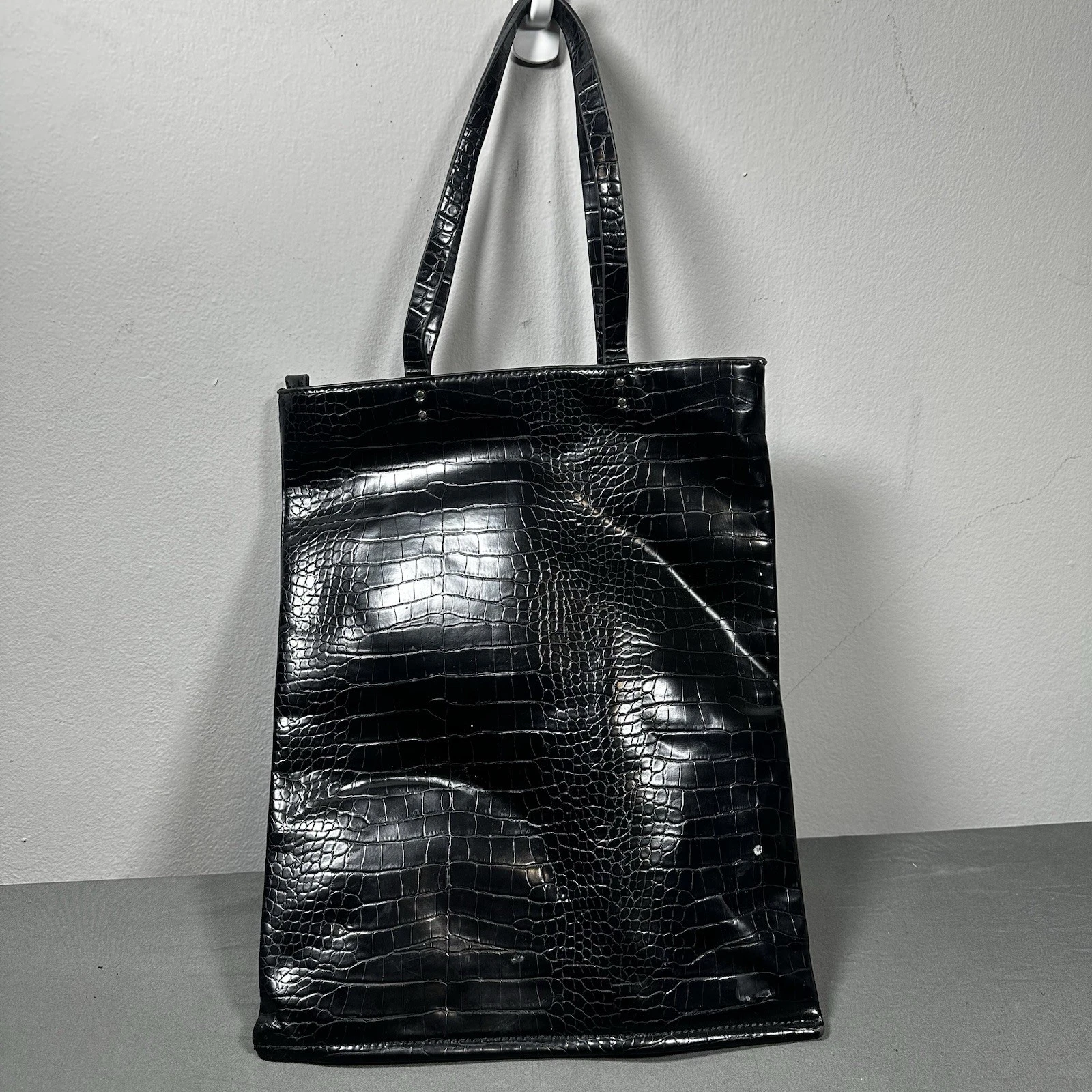 Zara Black Croc Embossed Tote Bag Mock Crocodile Shopper Handbag - photo 2