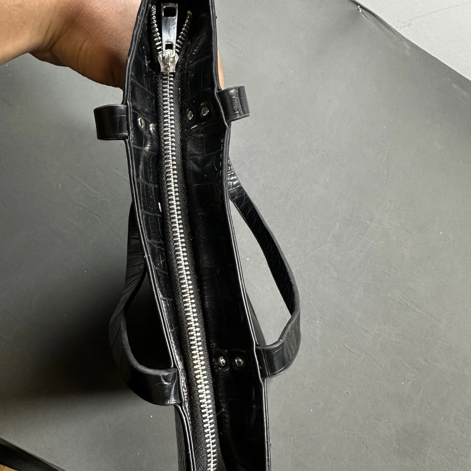 Zara Black Croc Embossed Tote Bag Mock Crocodile Shopper Handbag - photo 3