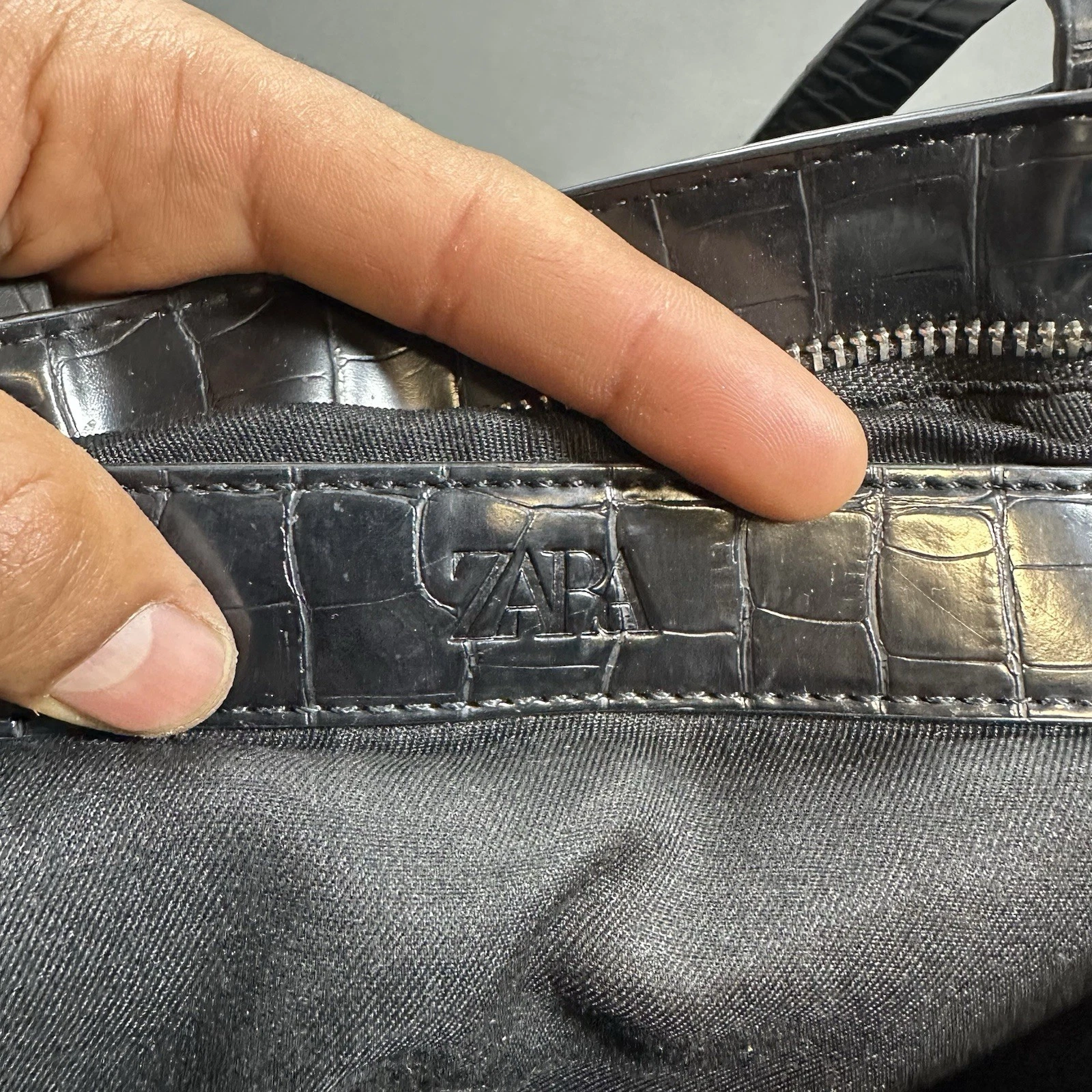Zara Black Croc Embossed Tote Bag Mock Crocodile Shopper Handbag - photo 4