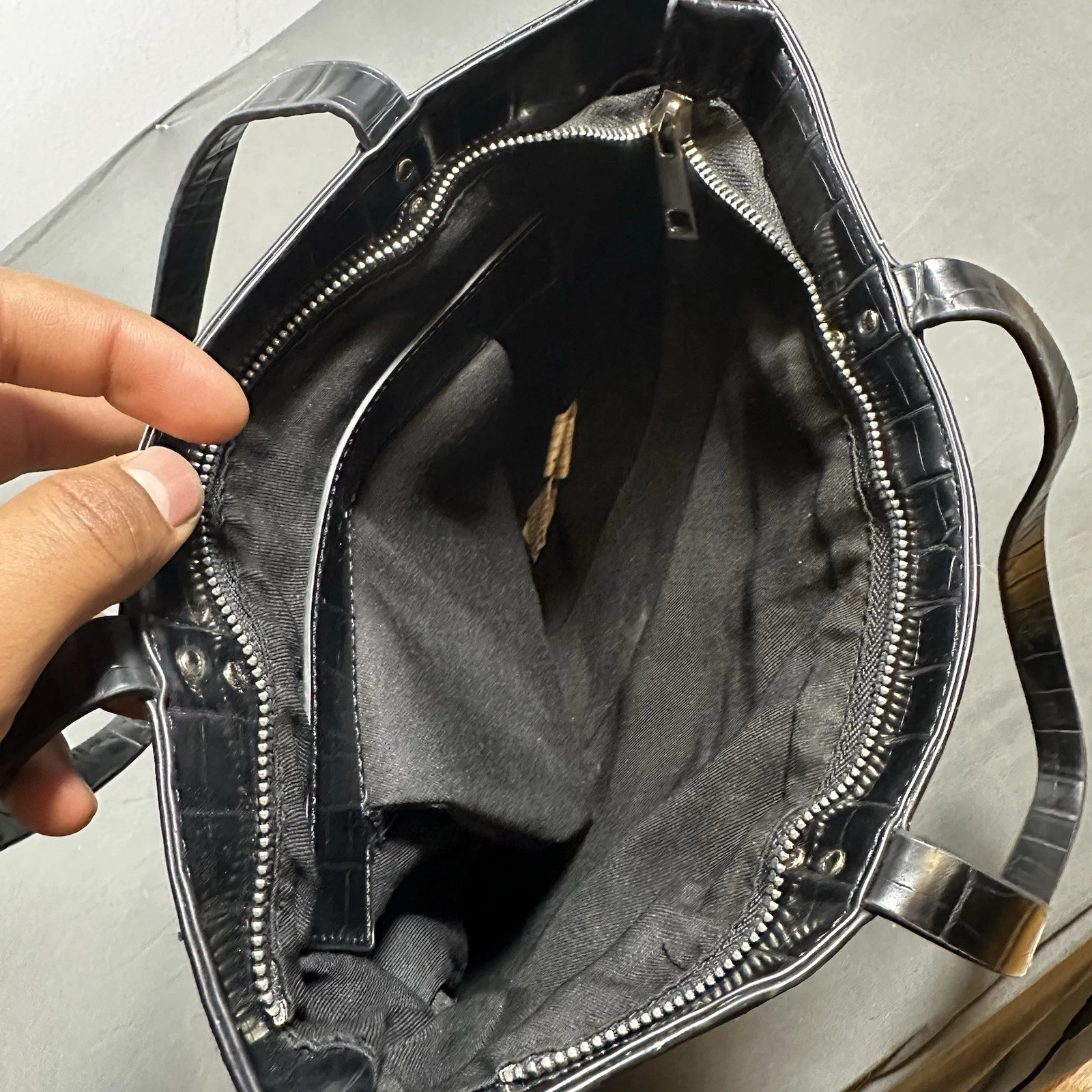 Zara Black Croc Embossed Tote Bag Mock Crocodile Shopper Handbag - photo 5