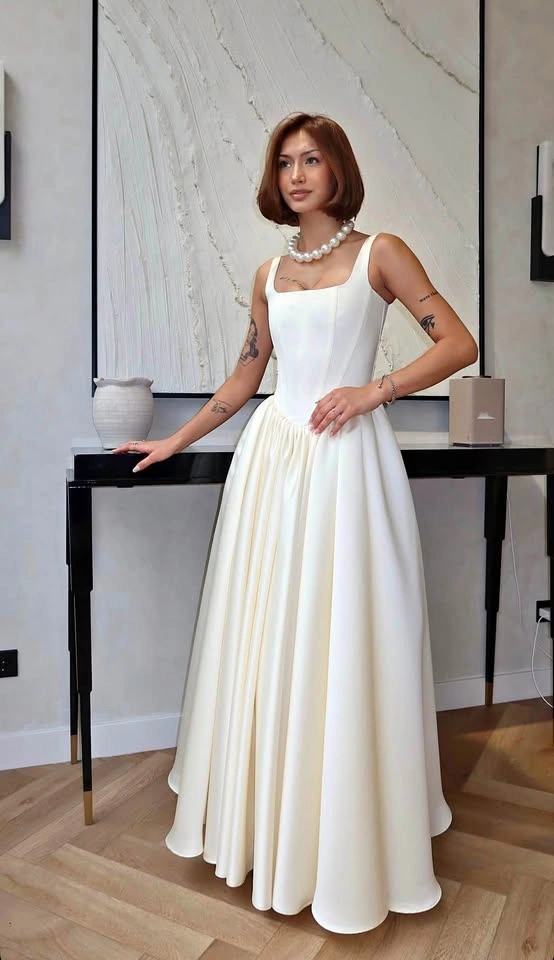 Minimalist Pearl Milk Corset Gown - Modern Cinderella Style