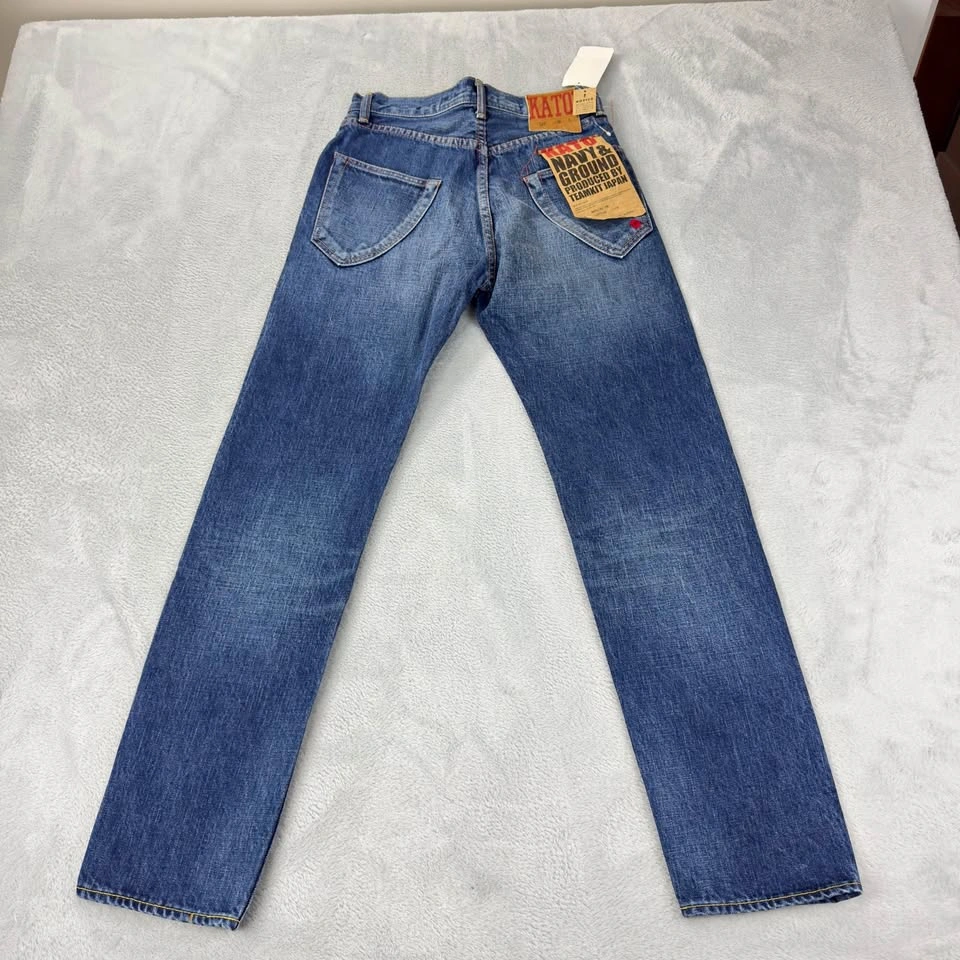 Kato NWT Men's Orange Selvedge Button Fly Blue Denim Jeans