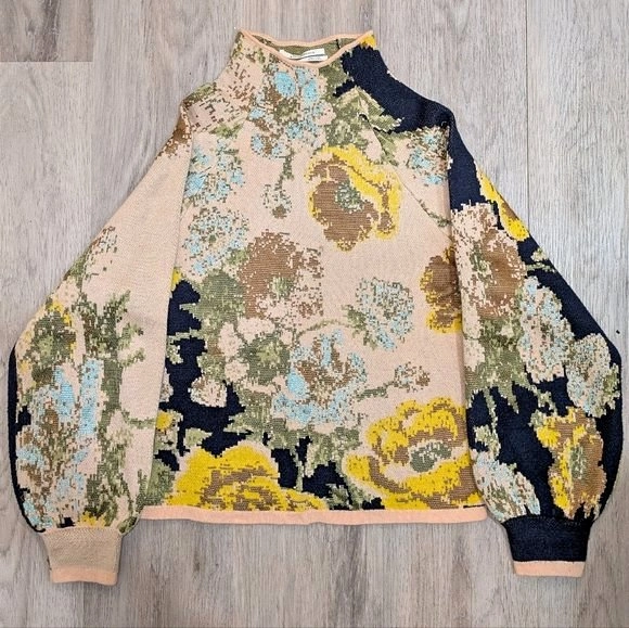 Anthropologie Floral Jacquard Mock Neck Raglan Sweater - Size XS