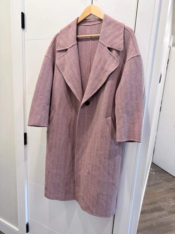 100% Wool Herringbone Coat - Pink
