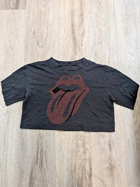The Rolling Stones Black Studded Tongue Crop Top - Size XS