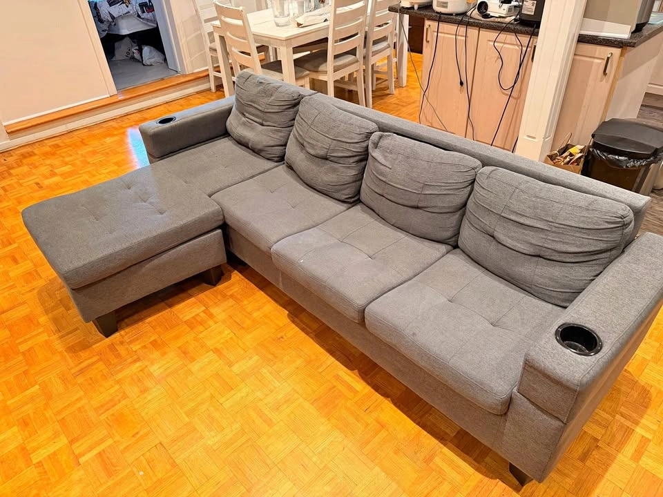 Gray Sectional Sofa w/ Chaise & Cupholders