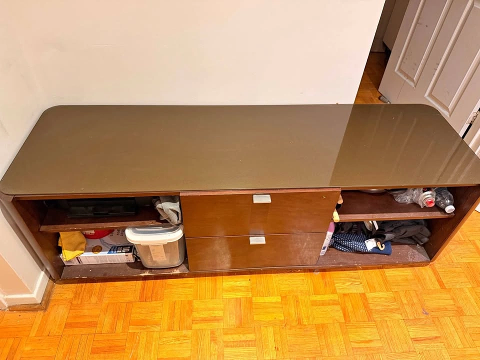 Brown Media Console with Drawers and Shelves