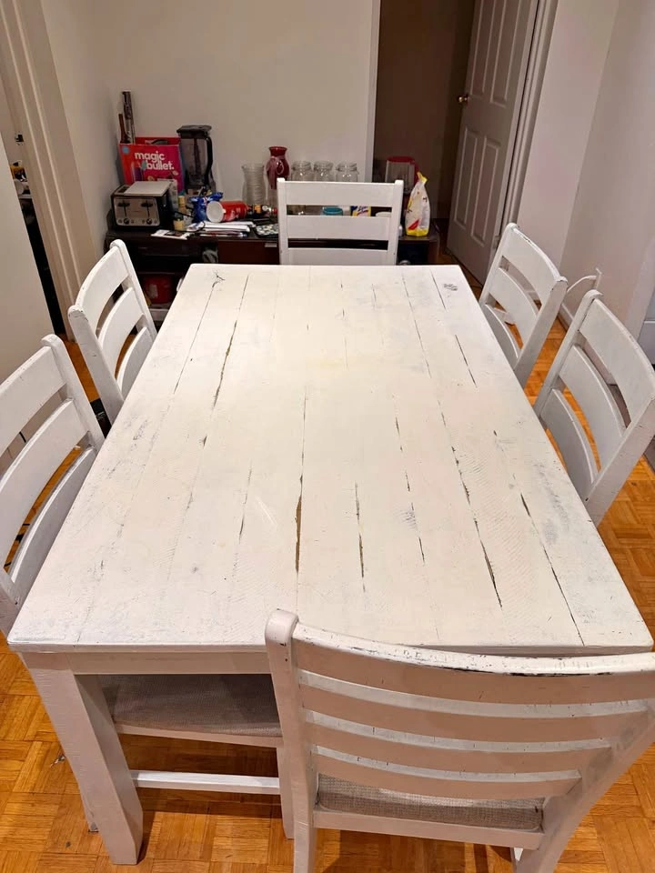 White dining table set with 6 chairs