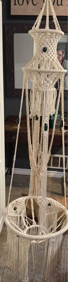Vintage Handmade Extra Large Macramé Double Plant Hanger - photo 2