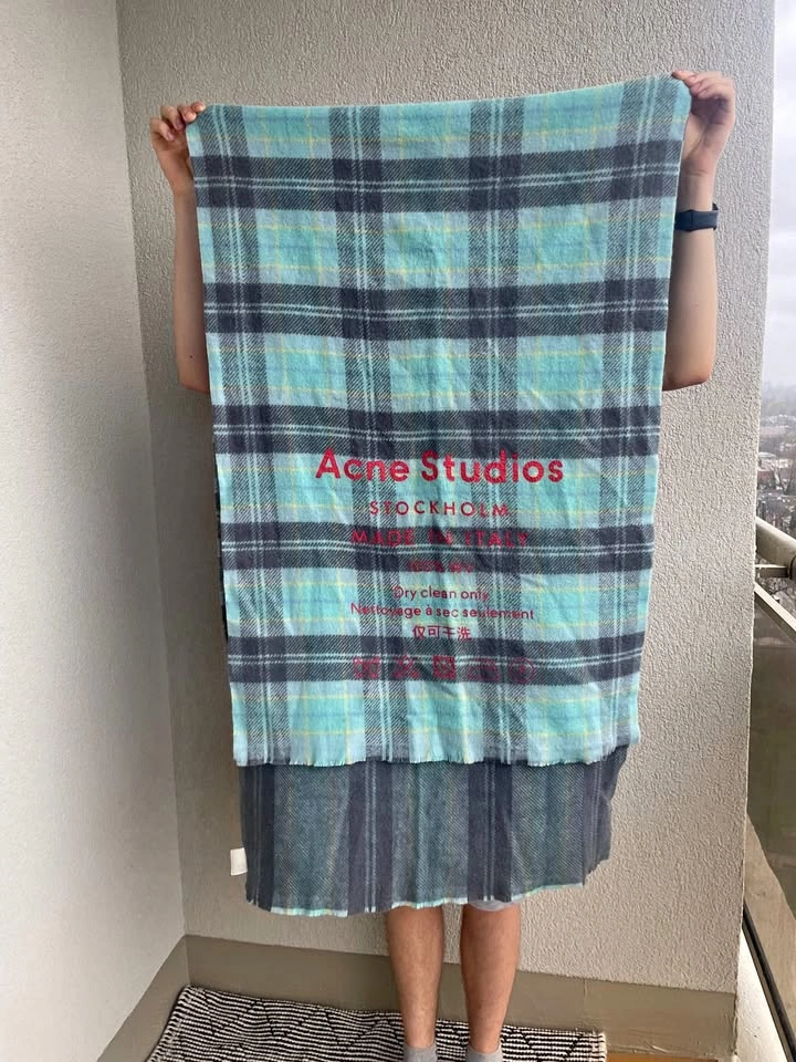 Acne Studios 100% Wool Scarf Blue Plaid, Made in Italy, 220x70 c