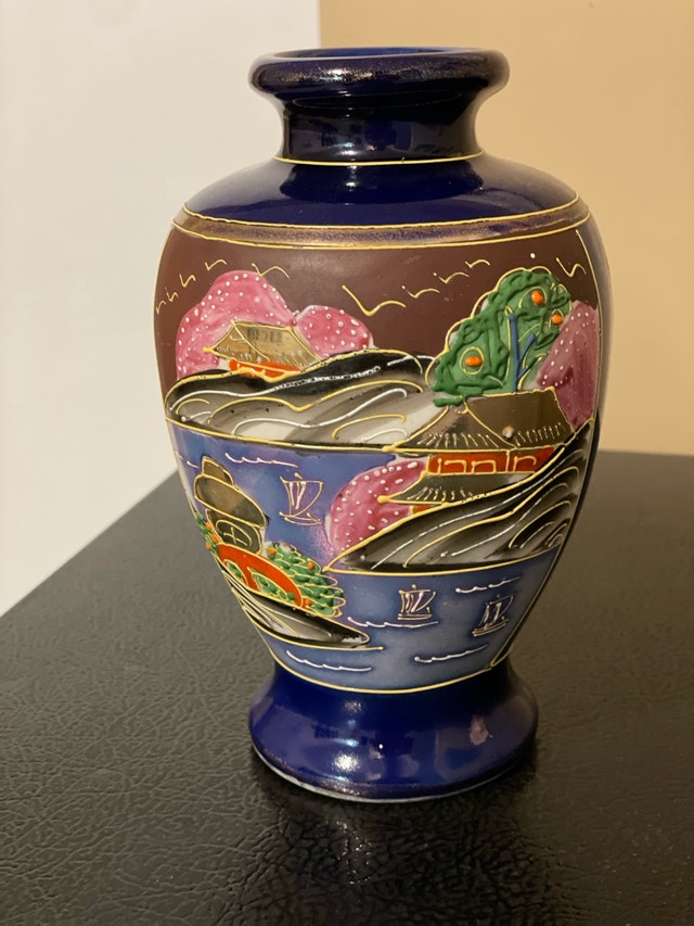 Decorative Blue Vase with Painted Scenes