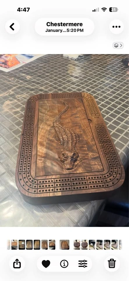 Wooden Cribbage Board with Alligator Carving