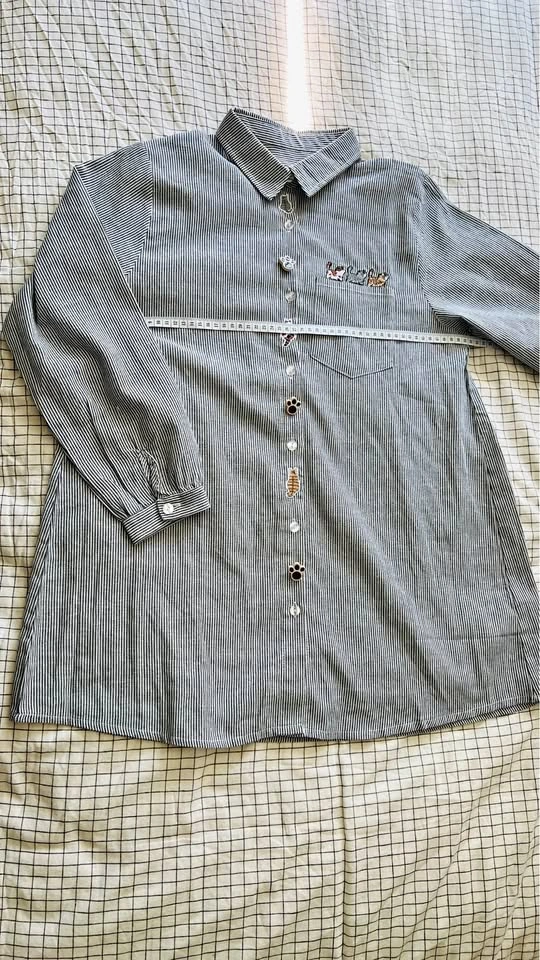 Striped Long Sleeve Shirt with Cat Buttons and Embroidered Cats