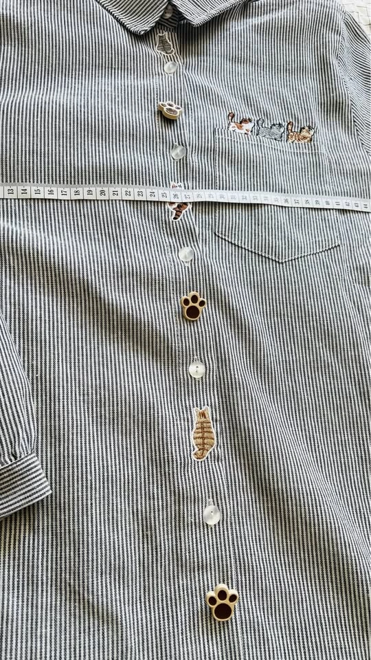 Striped Long Sleeve Shirt with Cat Buttons and Embroidered Cats - photo 2