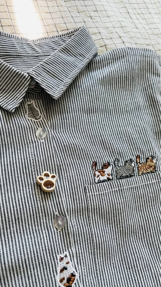 Striped Long Sleeve Shirt with Cat Buttons and Embroidered Cats - photo 3