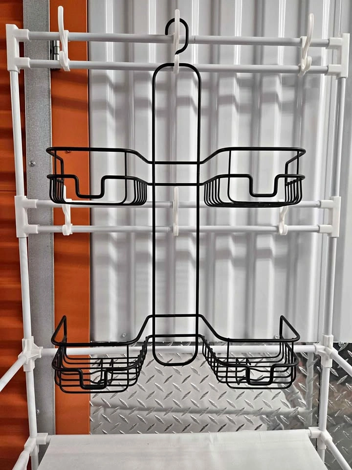 Black metal hanging shower caddy