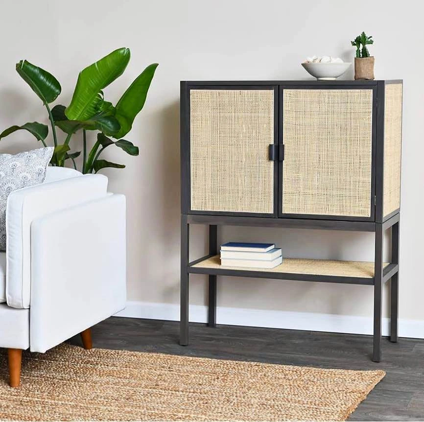 Pine Wood Natural Rattan 2 Door Cabinet