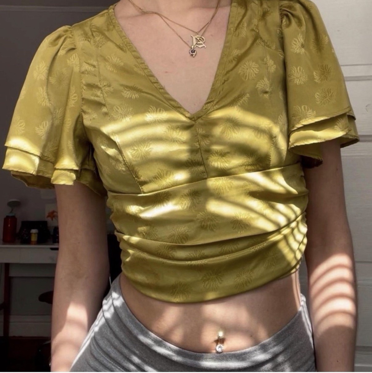 Urban Outfitters Webster Jacquard Flutter Crop Top | Size S