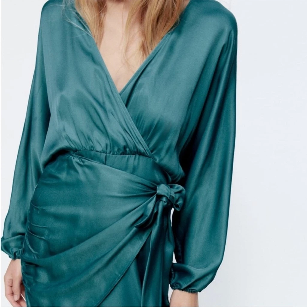 NWT Zara Satin-Effect Wrap Dress – Sea Green - photo 2