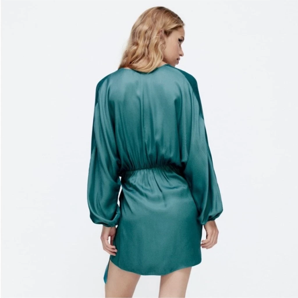 NWT Zara Satin-Effect Wrap Dress – Sea Green - photo 3