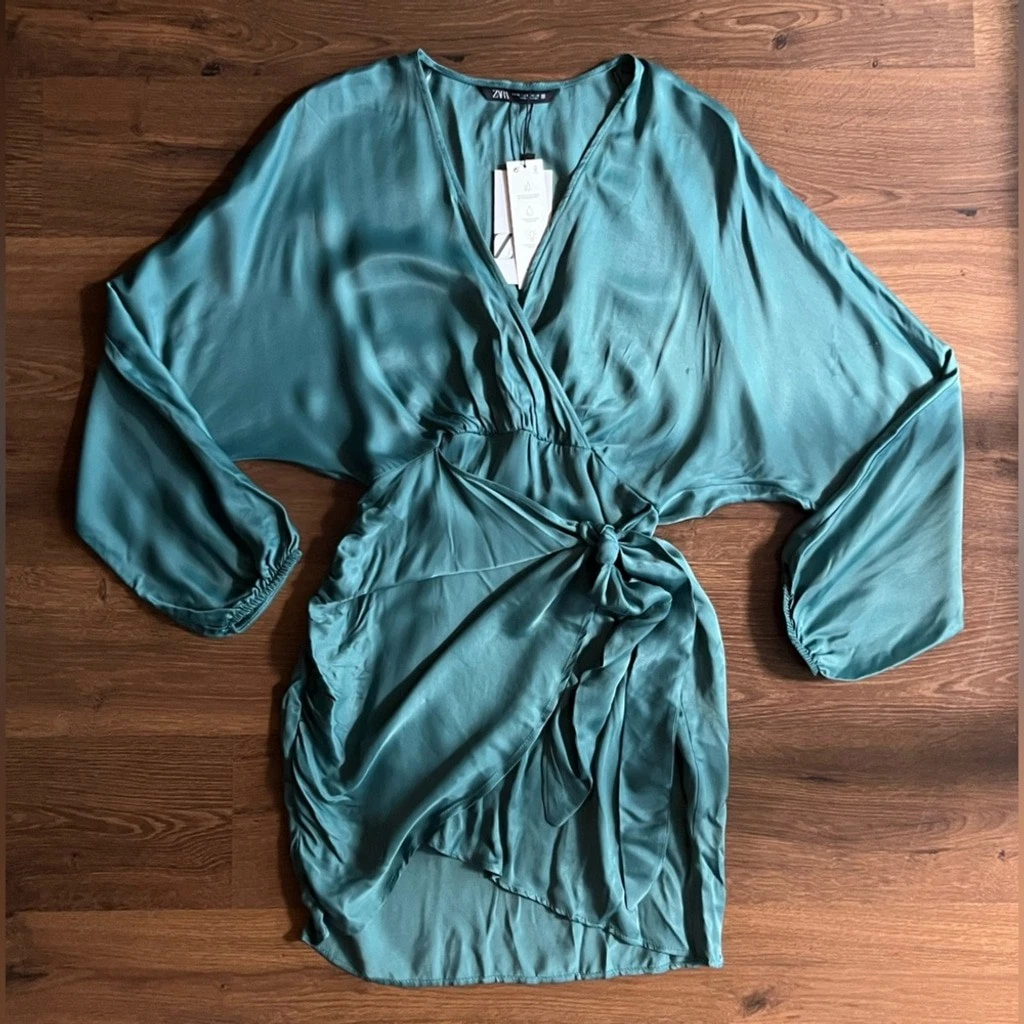 NWT Zara Satin-Effect Wrap Dress – Sea Green - photo 5