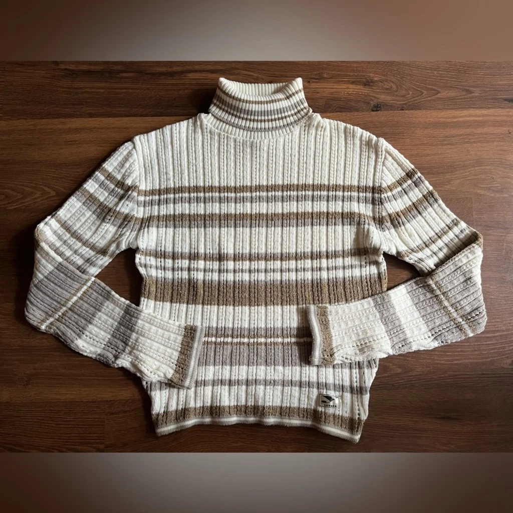 Y London Beige & White Striped Turtleneck Sweater