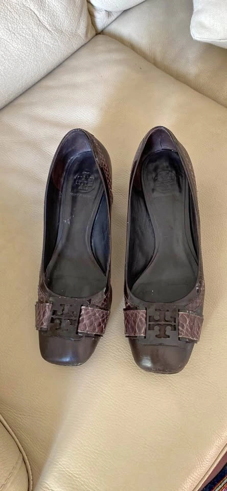 Tory Burch Women’s Odessa Pump Size 9M Block Heel Brown Smoke Le