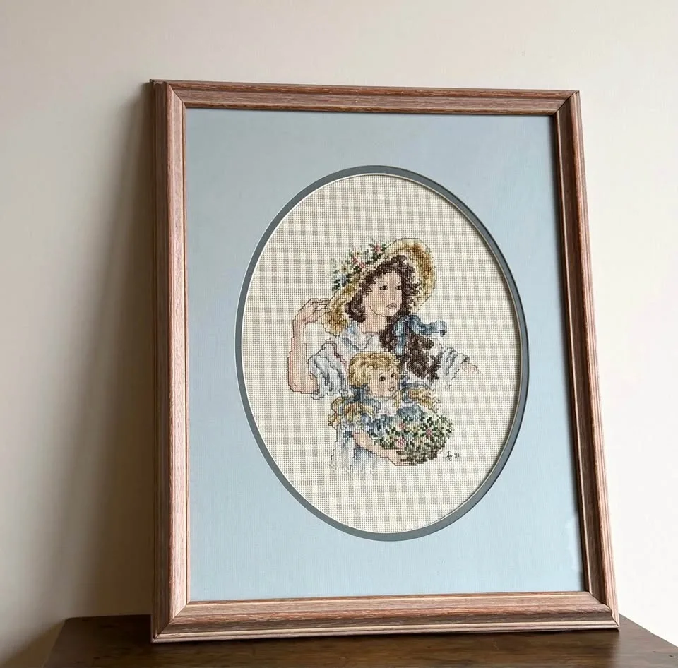 Vintage Framed Needlepoint Art—Mother + Child