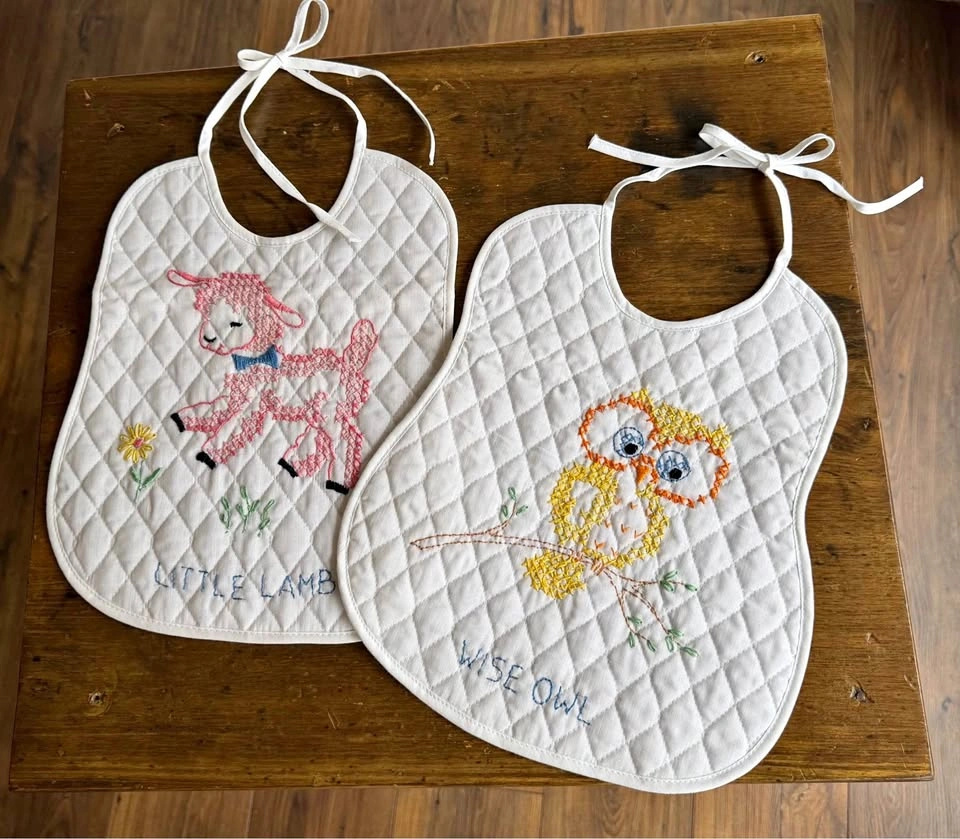 Vintage Hand-Embroidered Baby Bibs (Set of 2)—Lamb + Owl—Quilted